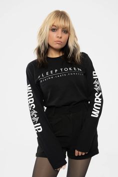 An official licensed Sleep Token Unisex Long Sleeve T-Shirt featuring the 'Worship' design motif. This high quality Long Sleeve T-Shirt is available in a black colourway. High quality soft-style cotton unisex long sleeve t-shirt featuring front & sleeve printing. Comes in a wide range of sizes from Small through XX-Large, subject to availability. Sleep Token Logo, Short Playsuit, Trending Sunglasses