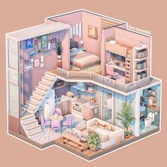 an illustration of a doll house with stairs leading to the bedroom and living room area