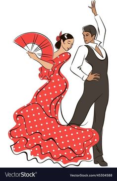 a man and woman dancing flamenco dance in red dress with polka dot print on the skirt