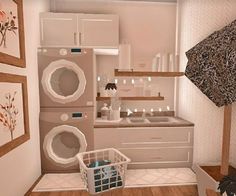 a laundry room with washer, dryer and other items in front of it