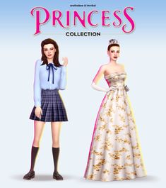 the princess is standing next to another woman wearing a dress and skirt, both in different colors