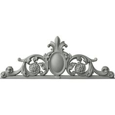 a white shelf with an ornate design on the top and bottom, in front of a white background