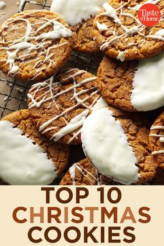 top 10 christmas cookies with white icing on a cooling rack and text overlay