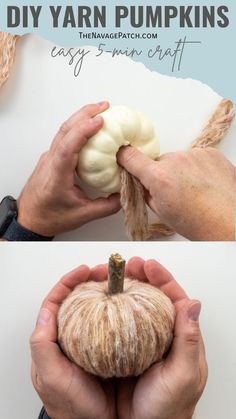 two pictures showing how to make yarn pumpkins