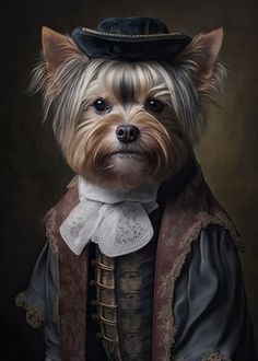 a painting of a dog wearing a hat and coat