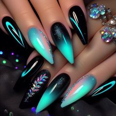 IF you love my designs, please don't forget to follow my profile :) Stiletto Nail Design Ideas, Purple And Black Nails Designs, Fall Nail Art Designs, Green Nail Designs, Fancy Nails Designs, Stylish Nails Designs, Cute Nail Art Designs, Goth Nails, Green Nail