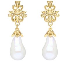 Lend refined visual interest to your outfit with these ornately ornamented dangle earrings featuring scintillating gems and attention-grabbing pearls. From Dallas Prince. Ornate White Pearl Drop Earrings, White Intricate Design Pearl Drop Earrings, Elegant Pearl Earrings With Intricate Design, Formal Baroque Pearl Earrings For Pierced Ears, Elegant Baroque Earrings For Formal Occasions, Elegant Filigree Drop Pearl Earrings, Formal Pearl Drop Earrings With Intricate Design, Formal Drop Pearl Earrings With Intricate Design, Ornate Pearl Drop Earrings For Formal Occasions