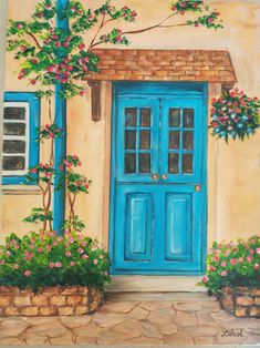 a painting of a blue door and window with flowers on the outside, in front of a house