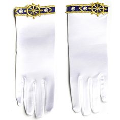 Satin Wrist Length Gloves With Nautical Theme Applique. Measure About 9-1/2" Long From Top Of Middle Finger To End Of Wrist. New In Package. White/Blue/Gold. Great For Sailor Costumes! Sailor Themed Outfit, Fancy Sailor Carnival Costume, Sailor Accessories, Sailors Hat, Women’s Sailor Outfit, Sailing Gloves, Navy Costume, Sailor Theme, Nautical Colors