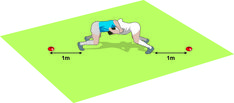 a man is doing push ups on a green surface with an arrow pointing to the right