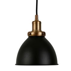 a black and gold pendant light on a white background