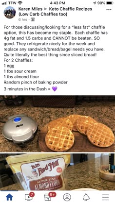 two screenshots showing different types of waffles on the counter and in front of them