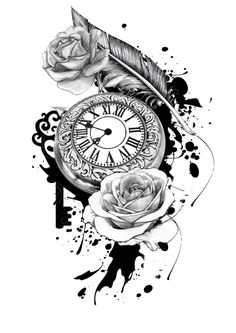 a drawing of a clock and roses with ink splatters on it's side