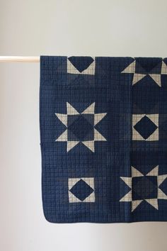 handmade patchwork quilt - denim shades of blue with creme white - design inspired by American quilts made in at the beginning of 20th century