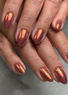 Looking for the perfect autumn nails? Check out these chrome fall nail ideas! Fall Chrome Nails With Design, Fall Nails Bridesmaid, Chrome Nails Designs Brown, Autumn Nails With Chrome, Fall Chrome Nails Square, Fall Nail Designs With Chrome, Cool Chrome Nail Designs, Shimmery Fall Nails, Fall Nails Chrome Powder