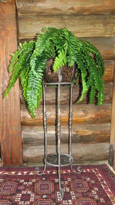 a potted plant sitting on top of a metal stand next to a wooden wall