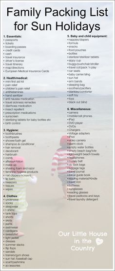 the family packing list for sun holidays is shown in black and white, with an image of two children walking on the beach