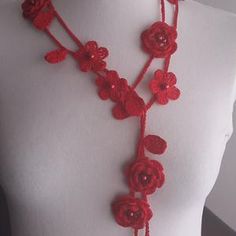 Crochet NecklaceCrochet Neck Accessory Red 100% Cotton. | Etsy Handmade Red Necklace For Summer, Handmade Red Jewelry For Spring, Elegant Red Necklace For Summer, Collar Rosa, Necklace Crochet, Neck Accessories, Beaded Collar, Crochet Rose, Rose Necklace