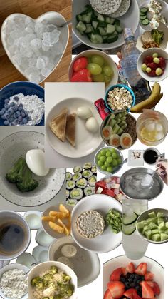 a collage of pictures showing different types of food in bowls and on separate plates