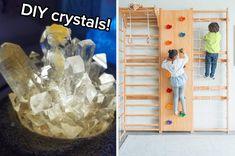 two pictures one with a person climbing on a wall and the other with crystals