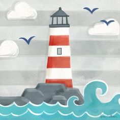 a painting of a lighthouse on top of a rock in the ocean with seagulls flying around