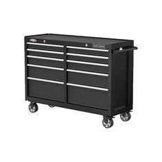 a black tool cabinet with two drawers on wheels