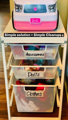 three bins stacked on top of each other with the words simple solution and simple cleanup