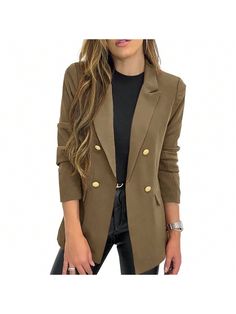 Verde militar Casual Collar manga larga  Liso Normal Embellished Professional Fall Outerwear For Office, Professional Button-up Outerwear For Office, Professional Fall Business Outerwear, Khaki Long Sleeve Outerwear For Office, Professional Double-breasted Blazer, Professional Long Sleeve Double-breasted Blazer, Professional Blazer With Button Closure For Fall, Professional Fall Blazer With Button Closure, Khaki Double-breasted Fall Blazer