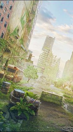 an image of a city with lots of plants and trash cans in the foreground