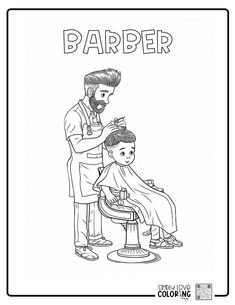 a coloring page with a barber cutting a child's hair