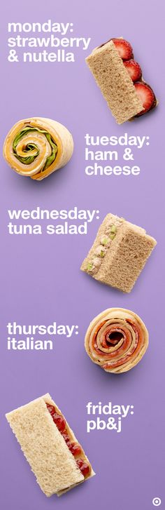 a purple poster with different types of sandwiches on it