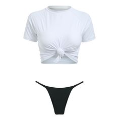 FREE SHIPPING Crop Top Bikini 2019 T-shirt Thong Bikini Set JKP13405 Summer Swimming T-back Tops, White T-back Tops For Summer, White T-back Top For Summer, Trendy Bathing Suits, Knot Crop Top, Estilo Tropical, Casual Summer Wear, Swimsuit Material, Short Sleeve Crop Top