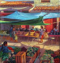 a painting of people shopping at an open air market with fruits and vegetables on display