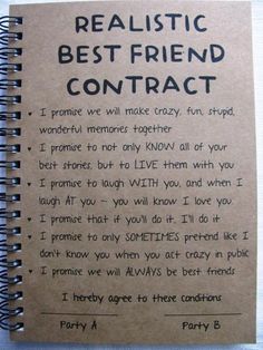 a notebook with the words realistic best friend contact written on it, in black ink