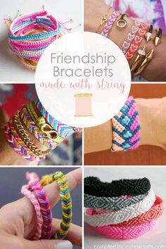 different types of bracelets with the words friends bracelets made with string on them