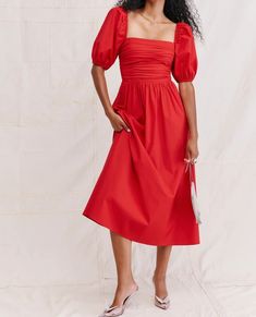 Style: Boho & Vacation,Elegant,Vintage Fit: Regular Fabric: Polyester Pattern: Solid Element: Smocked Neckline: Square Neck Sleeve Type: Puff Sleeve Sleeve Length: Short Sleeve Product Type: A Line Dress Occasion: Daily Length: Midi Main Composition: Polyester Bright Red Dress, Bat Mitzvah Dresses, Mitzvah Dresses, Black Halo Dress, Dress With Puffy Sleeves, Midi Dress Elegant, Midi Party Dress, Puff Sleeve Midi Dress, Milly Dress