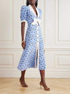 EXCLUSIVE AT NET-A-PORTER. Alessandra Rich's midi dress is cut from fluid silk-satin and sprinkled with florals, along with a cutout neckline that's adorned with a charming bow. Slip on a pair of pumps to complete the look. Designer Hair Accessories, Cutout Neckline, Rich Clothes, Alessandra Rich, Rich Women, Matthew Williamson, Satin Midi Dress, Designer Accessories, Blue Midi Dress