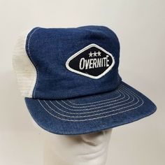 Vintage 1980s Overnight Trucking Company trucker hat, made in USA. Denim front with logo patch, mesh back.  Pre-owned. Several discolorations on mesh as shown in last photo. This hat will ship in a box to prevent damage during transit. Trucking Company, Hat Cap, In A Box, Patch Logo, Trucker Hat, Made In Usa, Mesh, ? Logo, Hats