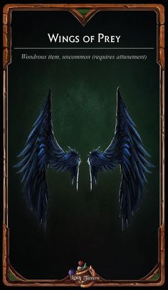 the wings of prey card is shown in black and green colors, with an image of two