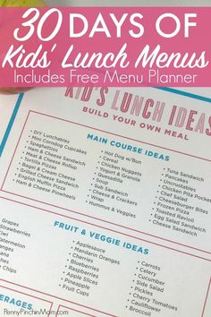 a lunch menu with the text 30 days of kids'lunch menu includes free menu planner build your own meal