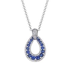 Sparkling blue sapphire and diamondg pear-shaped graduated Pendants. Sapphire Diamond Necklace Shane Co., Luxury Sapphire Diamond Pendant Necklace, Fana Jewelry, Pear Shaped Pendant, Diamonds Direct, Diamond Pendant Sets, Steal The Spotlight, Colored Stone, Sapphire Necklace