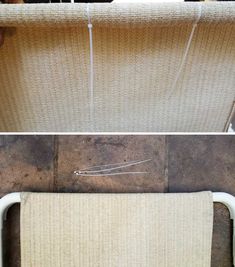 two pictures side by side with the same chair and one has yarn on it's back