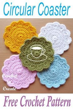 crochet coasters with coffee cup and saucer on them are shown in different colors