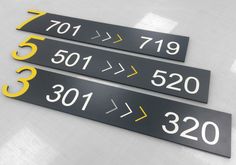 three black signs with yellow numbers are on the wall in front of a white background