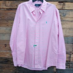 Ralph Lauren Custom Fit Long Sleeve Shirt Pink Check, 100% Cotton, Turquoise Pony Size Xxl Just Dry Cleaned (Never Worn) Pink Casual Top With Casual Collar, Casual Pink Top With Casual Collar, Casual Cotton Button-up Dress Shirt, Casual Pink Shirt With Casual Collar, Casual Plaid Cotton Dress Shirt, Casual Long Sleeve Dress Shirt, Casual Plaid Long Sleeve Dress Shirt, Casual Long Sleeve Dress Shirt With Button Closure, Summer Pink Cotton Dress Shirt