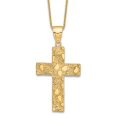 A bold statement of faith, a meaningful cross is embraced by dynamic textured patterns in this exceptional women's flat cross charm necklace. Fashioned in 14K yellow gold, the 18-inch box chain secures in place with a spring ring clasp. Statement Of Faith, Cross Charm Necklace, Jared The Galleria Of Jewelry, Necklace Clasps, Charm Pendant Necklace, Cross Pendant Necklace, Cross Charms, Box Chain, Necklace Designs