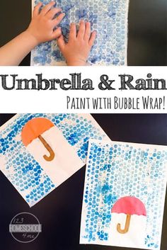 an umbrella and rain art project for kids to do with bubble wrappers on the table