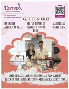 an advertisement for the damask gluten - free bakery with two people preparing food