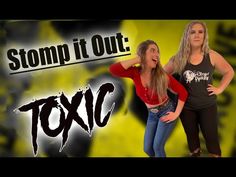 two women are standing next to each other with the words, stomp it out