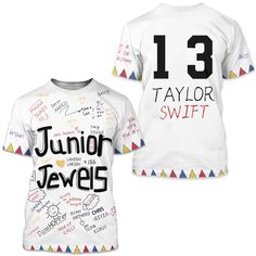 two t - shirts with different names and numbers on the front, one is white